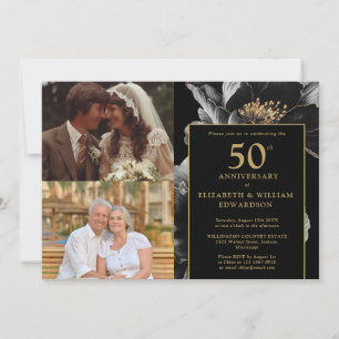 Black And Gold Floral 50th Anniversary 2 Photo Invitation