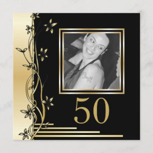 Black and gold floral 50th birthday invitation