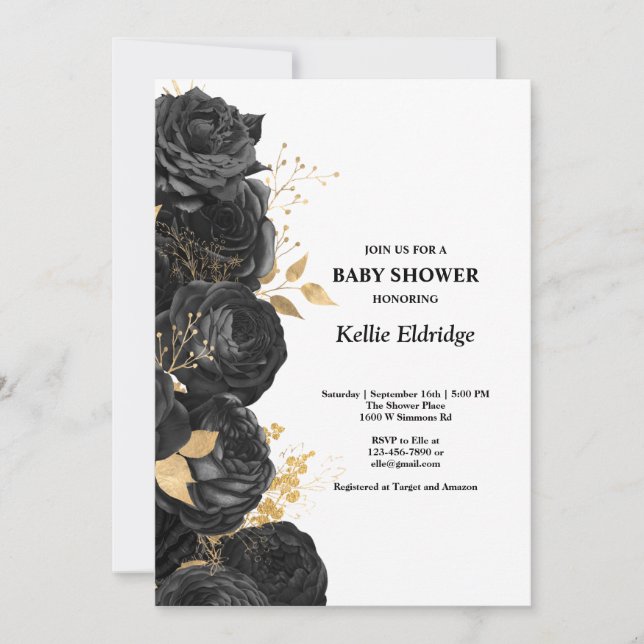 Black And Gold Floral Baby Shower Invitation (Front)