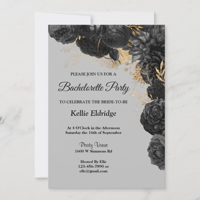 Black And Gold Floral Bachelorette Party Invitation (Front)