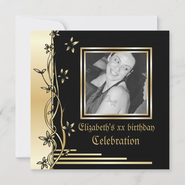 Black and gold floral border birthday invitation (Front)