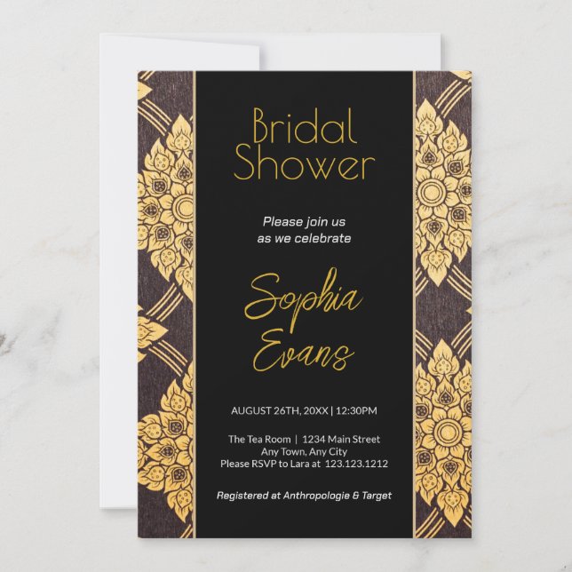 Black and Gold Floral Border Bridal Shower Invitation (Front)