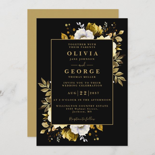 Black And Gold Floral Botanical Modern Wedding Invitation (Front/Back)