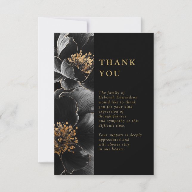 Black And Gold Floral Celebration Of Life Funeral Thank You Card (Front)