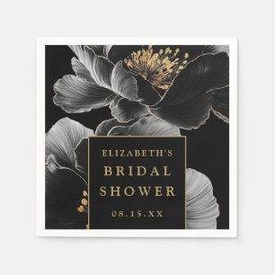 Black And Gold Floral Chic Elegant Bridal Shower Napkin