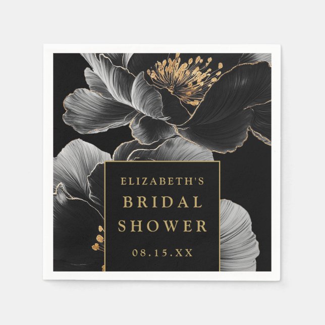 Black And Gold Floral Chic Elegant Bridal Shower Napkin (Front)