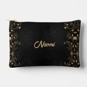 Black and gold floral damask accessory pouch