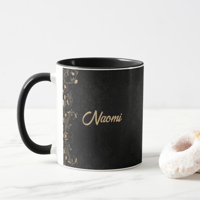 Black and gold floral damask mug (With Donut)