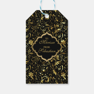 Black And Gold Floral Damask Pattern Gift Tags