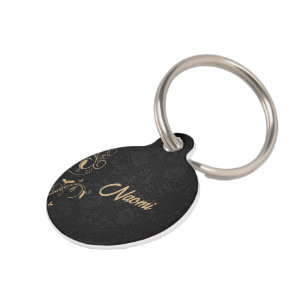Black and gold floral damask pet tag