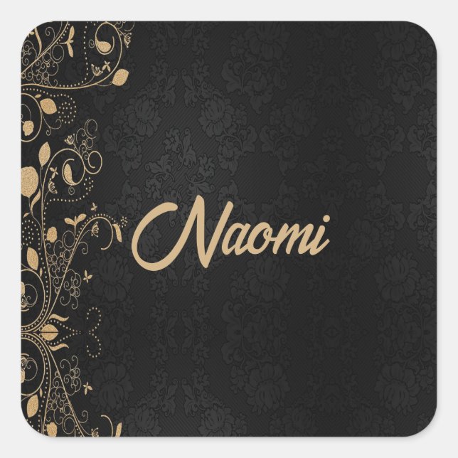 Black and gold floral damask square sticker (Front)