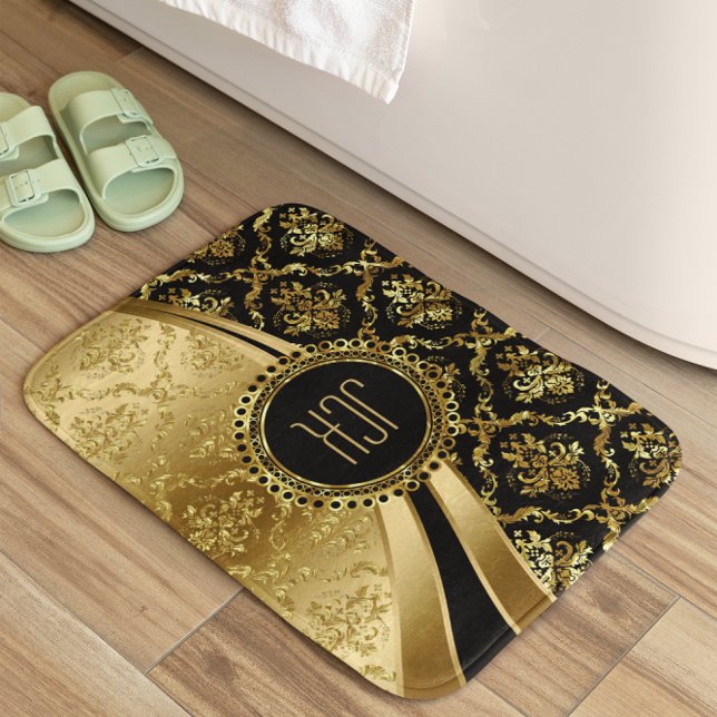 Black And Gold Floral Damasks Bath Mat (Creator Uploaded)
