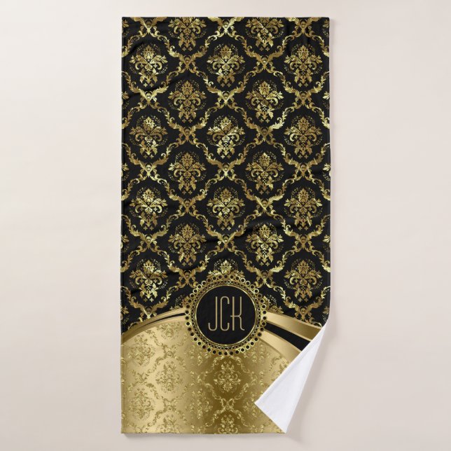 Black And Gold Floral Damasks Bath Towel Set (Bath Towel)
