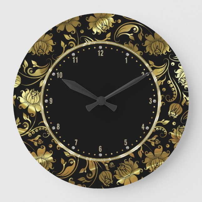 Black And Gold Floral Damasks Large Clock (Front)