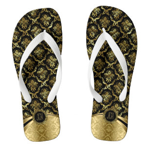 Black And Gold Floral Damasks Thongs