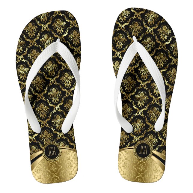 Black And Gold Floral Damasks Thongs (Footbed)