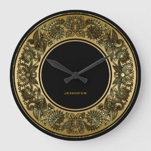 Black And Gold Floral Design Large Clock