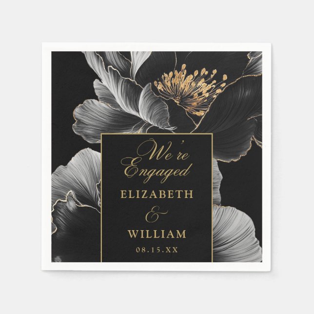 Black And Gold Floral Elegant Engagement Party Napkin (Front)