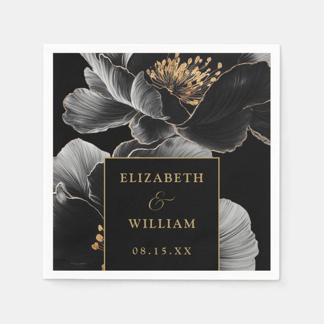 Black And Gold Floral Elegant Modern Wedding Napkin (Front)