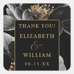 Black And Gold Floral Elegant Thank You Favour Square Sticker