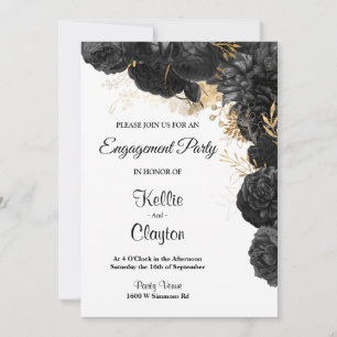 Black And Gold Floral Engagement Party Invitation
