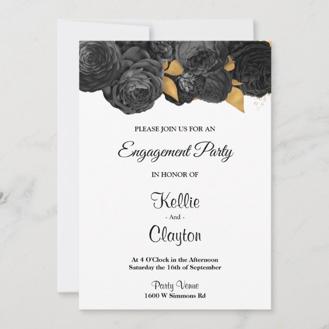 Black And Gold Floral Engagement Party Invitation (Front)