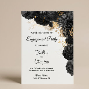 Black And Gold Floral Engagement Party Invitation