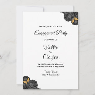 Black And Gold Floral Engagement Party Invitation