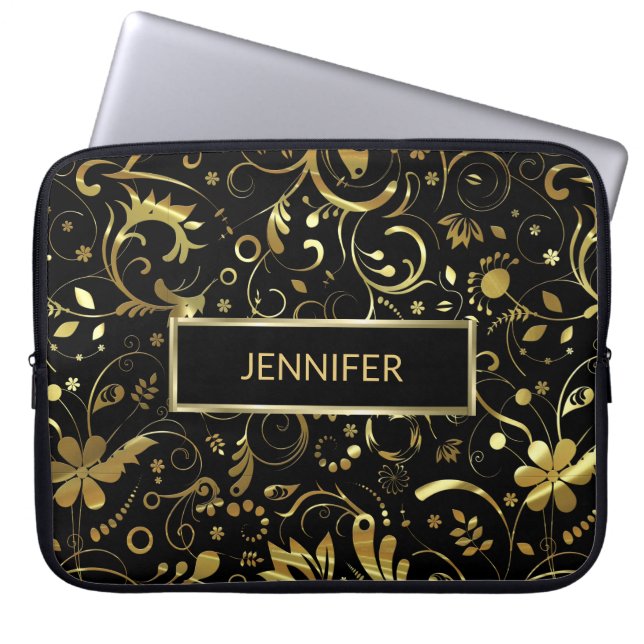 Black And Gold Floral Fabric Pattern Laptop Sleeve (Front)