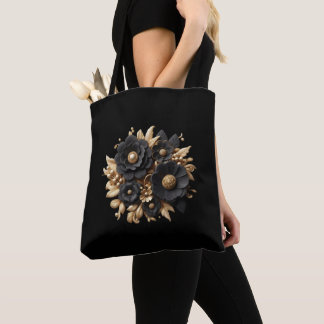 Black and Gold Floral/Flowers Tote