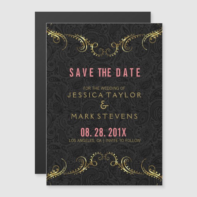 Black And Gold Floral Frame Magnetic Invitation (Front/Back)