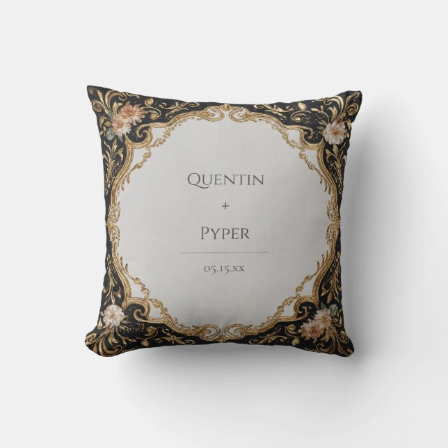 Black and Gold Floral Frame Wedding Sticker Cushion (Front)