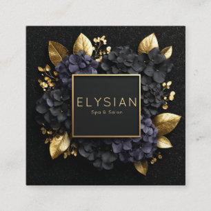 Black and Gold Floral Geometric Hydrangea Square Business Card