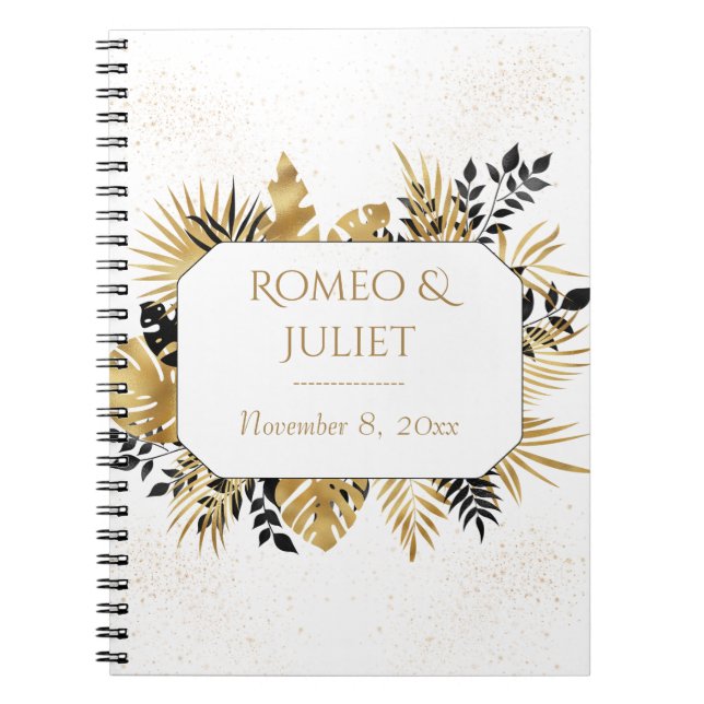 Black And Gold Floral Glitter Wedding Notebook (Front)