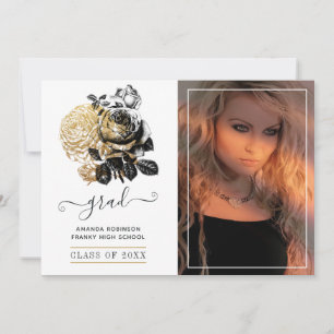 Black and Gold Floral Graduation Photo Announcement