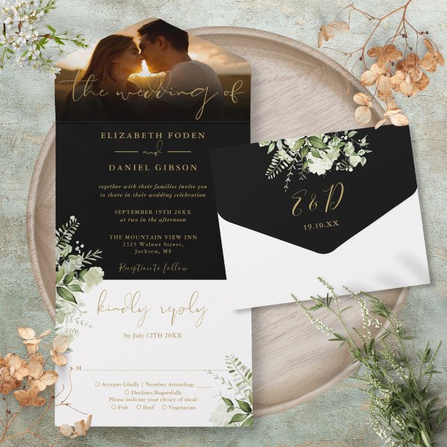Black And Gold Floral Greenery Wedding Photo All In One Invitation (Black And Gold Floral Greenery Wedding Photo All In One Invitation)