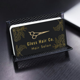 Black and Gold Floral Hair Salon Elegant Luxury Business Card