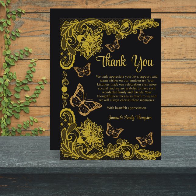 Black and Gold Floral Lace Wedding Anniversary  Thank You Card (Creator Uploaded)