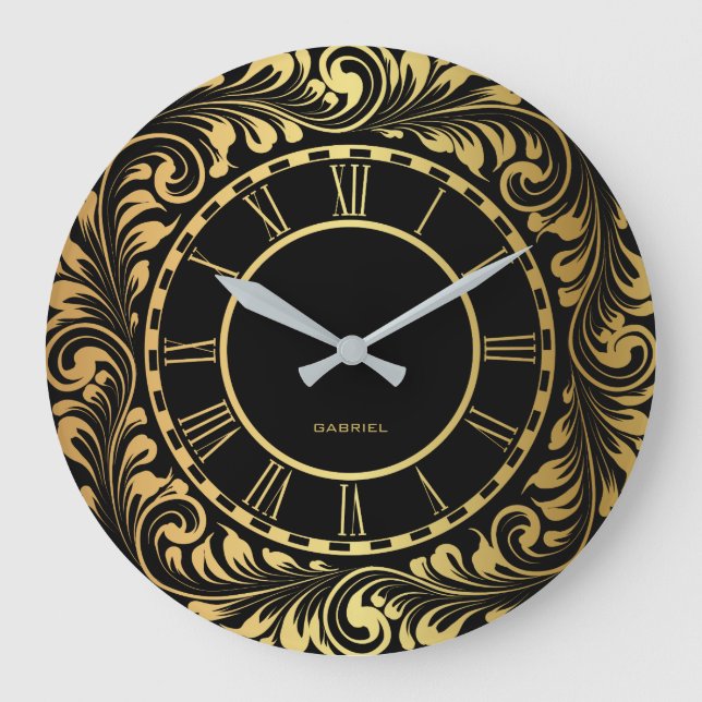 Black And Gold Floral Leaves Elegant Pattern Large Clock (Front)