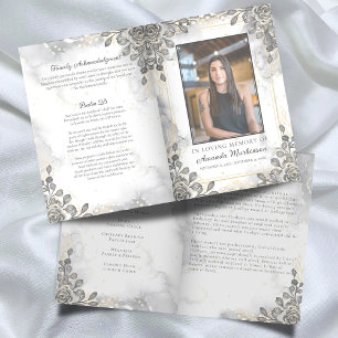 Black and Gold Floral Marble Loving Memory Funeral Program