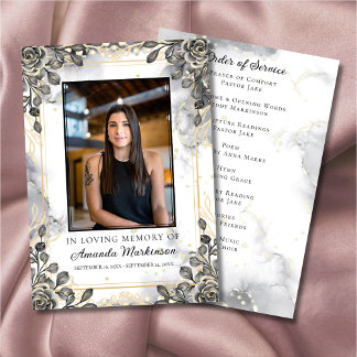 Black and Gold Floral Marble Order of Service Program