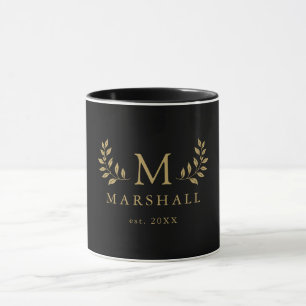 Black And Gold Floral Monogram Family Name Mug