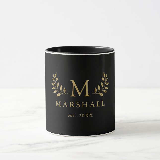 Black And Gold Floral Monogram Family Name Mug (Center)