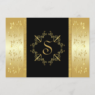 Black and Gold Floral Monogrammed Invitation