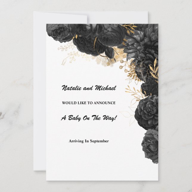 Black And Gold Floral Pregnancy Announcement (Front)