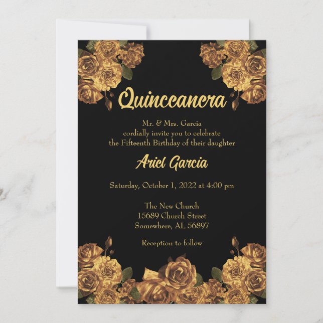 Black and Gold Floral Quinceanera Invitation (Front)