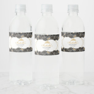 Black and Gold Floral Quinceanera Water Bottle Label