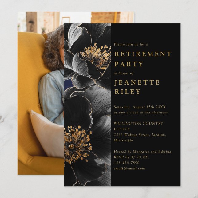 Black And Gold Floral Retirement Party Photo Invitation (Front/Back)