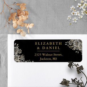Black And Gold Floral Roses Gothic Return Address Label