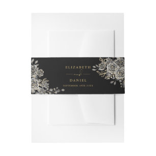 Black And Gold Floral Roses Gothic Wedding Invitation Belly Band